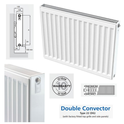 Compact Radiators Double Panel with Double Convector 450mm High